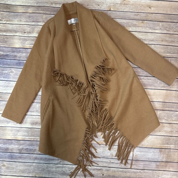 J.O.A Open Front Fringe Trim Detail Coat Tan Color Size M - Picture 6 of 9